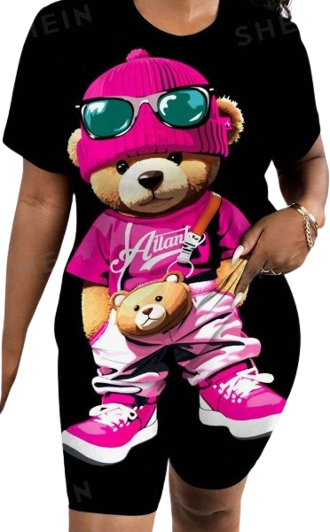 Casual Printed Cute Bear Pattern 2pcs Set For Women, Suitable For Summer