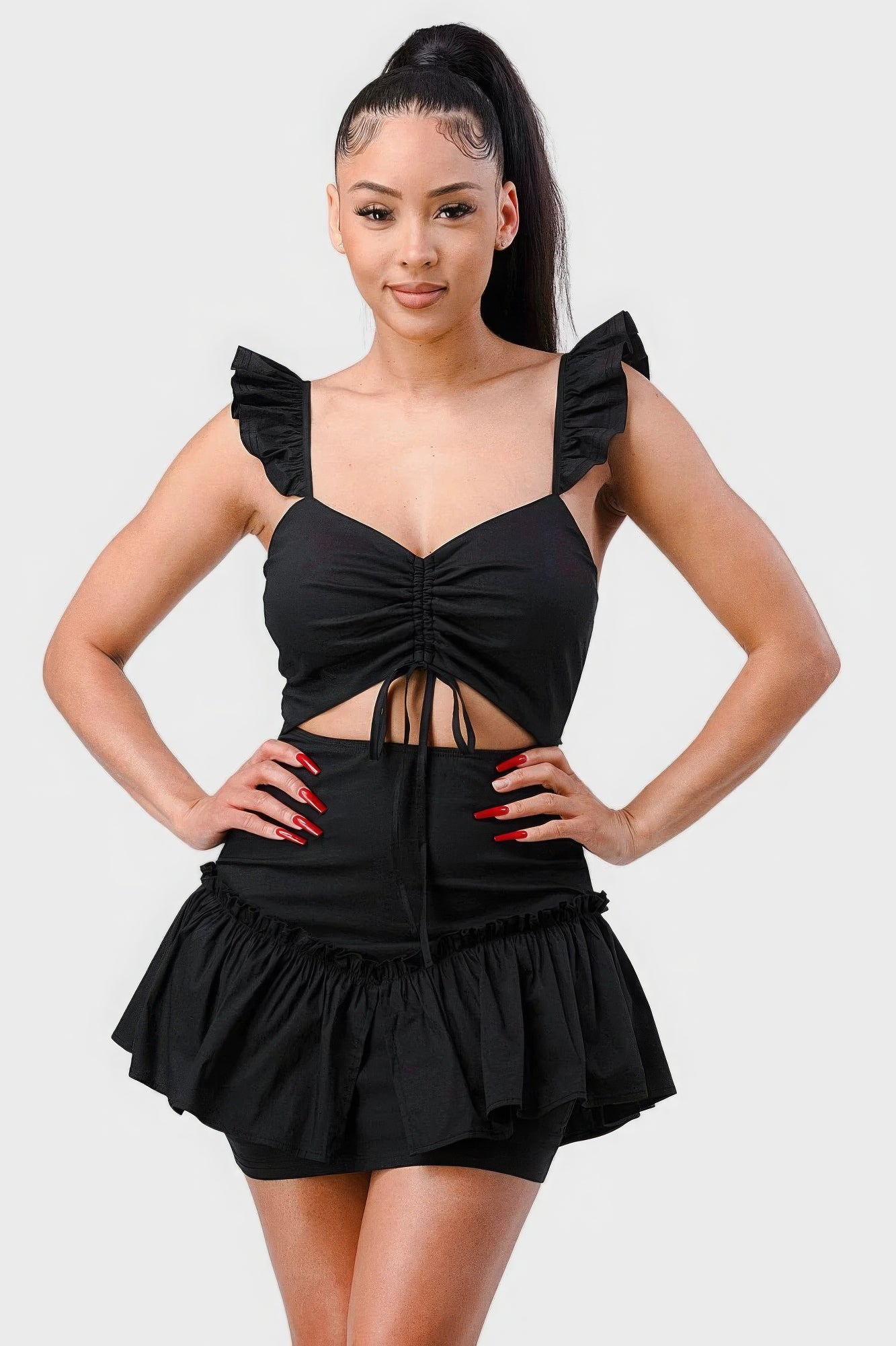 Sweetheart With Drawstring Bow Cutout Ruffled Flutter Sleeves Mini Dress Fashion501 