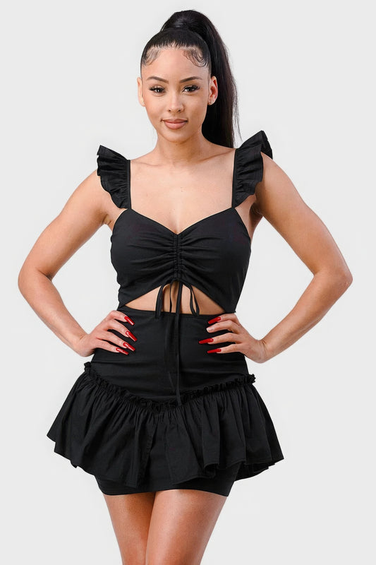 Sweetheart With Drawstring Bow Cutout Ruffled Flutter Sleeves Mini Dress Fashion501 