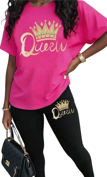 Fashionable Crown & Letter Print Short Sleeve Top And Leggings Set, Two Piece