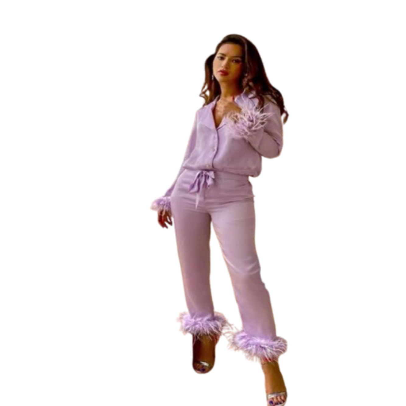 Elevate your wardrobe with our trendy Ladies Solid Color Suit featuring a chic Lapel Top and stylish Feather Trousers. Shop now at Fashion501 Boutique