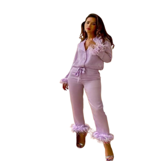 Elevate your wardrobe with our trendy Ladies Solid Color Suit featuring a chic Lapel Top and stylish Feather Trousers. Shop now at Fashion501 Boutique