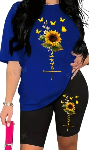 Women's Sunflower Printed Short Sleeve T-Shirt And Cycling Shorts Set