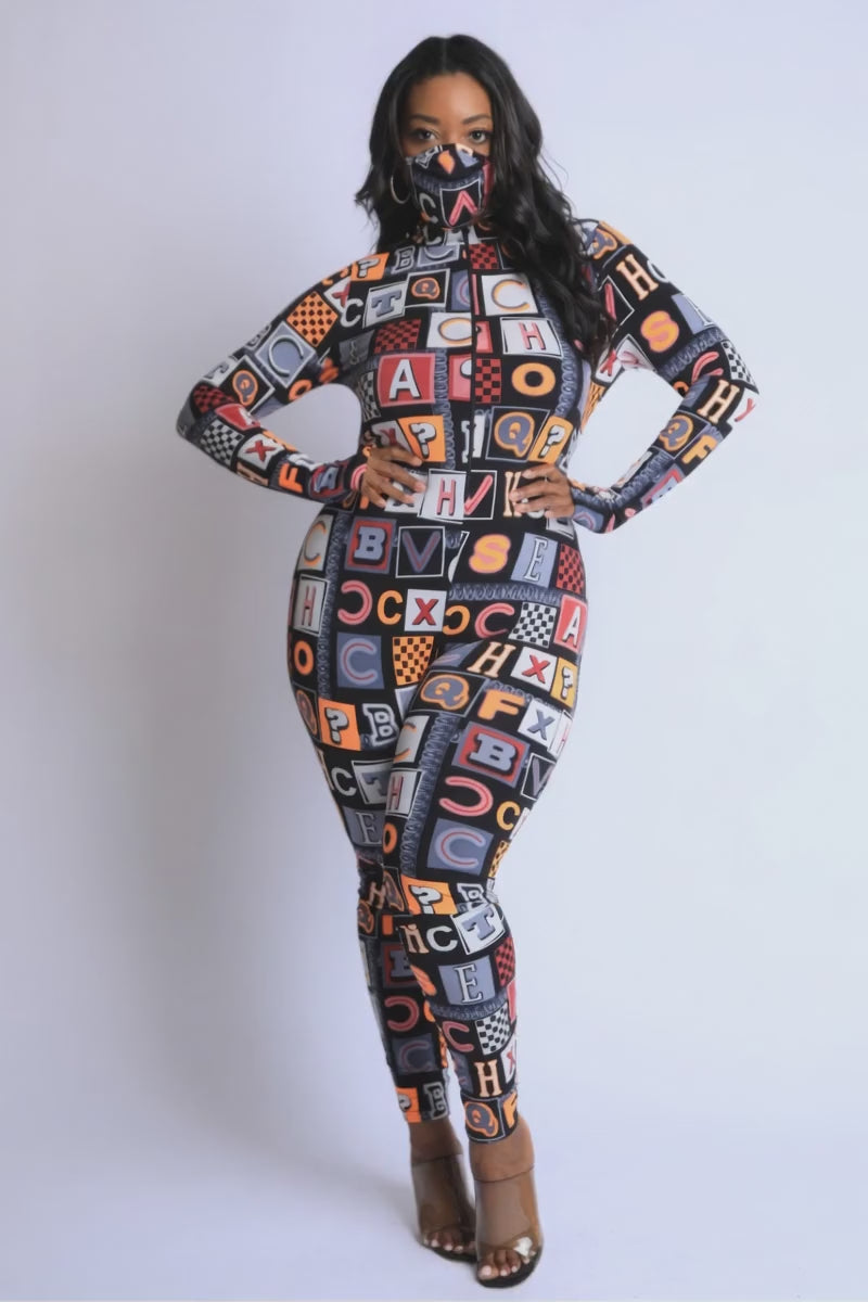 PLUS Colorful Alphabet Print Long Sleeve Jumpsuit Mask Set Fashion501