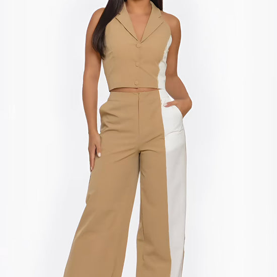 Camel Two Tone Sleeveless Vest Pants Two Piece Set Fashion501 Boutique