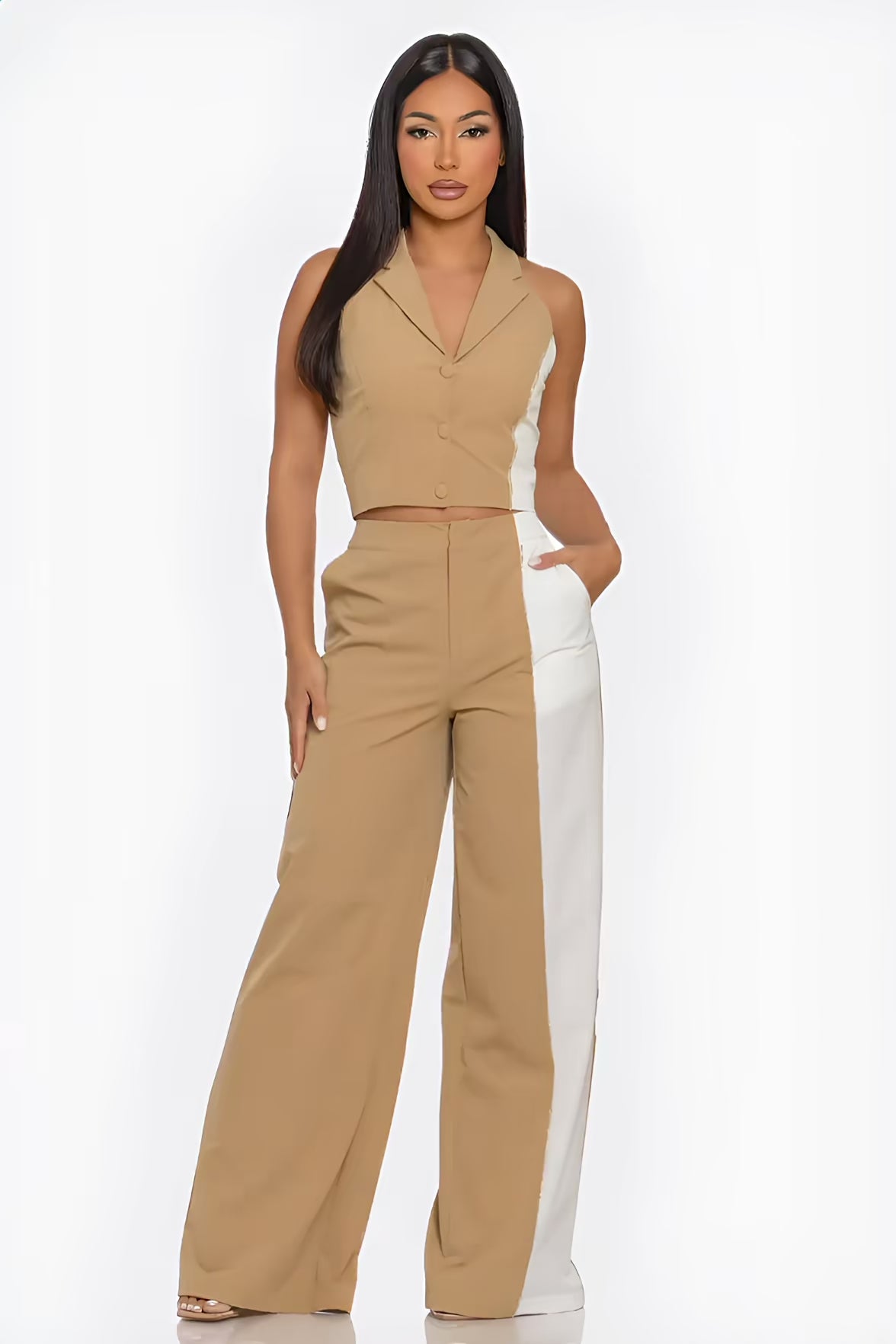 Camel Two Tone Sleeveless Vest Pants Two Piece Set Fashion501 Boutique
