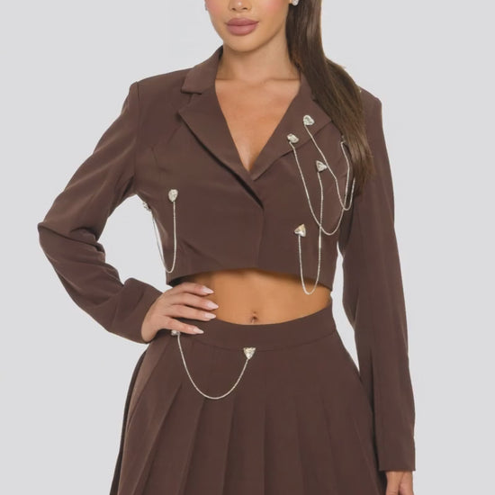 Brown Cropped Blazer Gold Chain Pleated Skirt Set