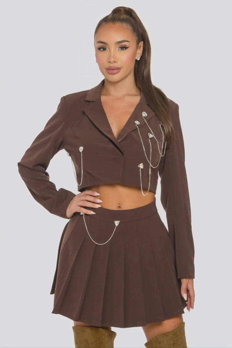 Brown Cropped Blazer Gold Chain Pleated Skirt Set