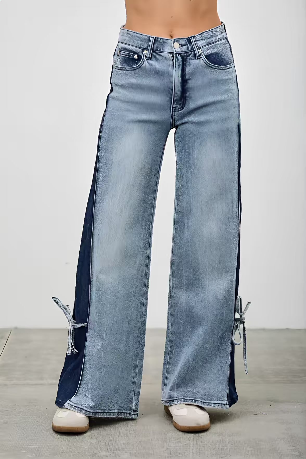 Mid Rise Contrast Wide Leg With Tie Jeans  Fashion501 Boutique
