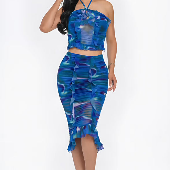 Tropical Waters Print Mesh Ruffle Halter Skirt Set  Fashion501 Boutique