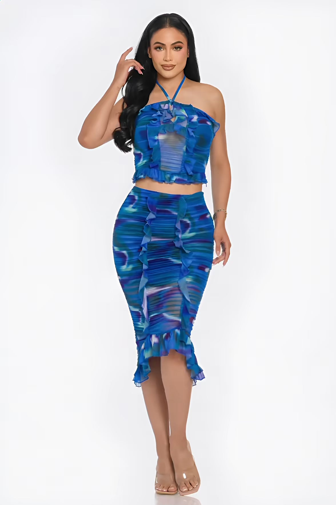 Tropical Waters Print Mesh Ruffle Halter Skirt Set  Fashion501 Boutique