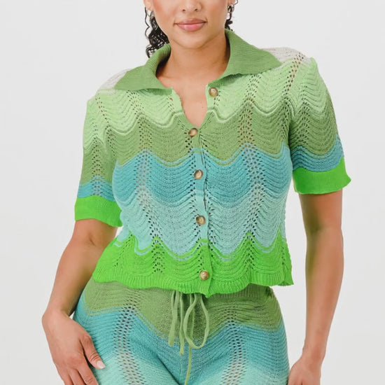 Green ombre crochet knit cardigan and shorts set Fashion501