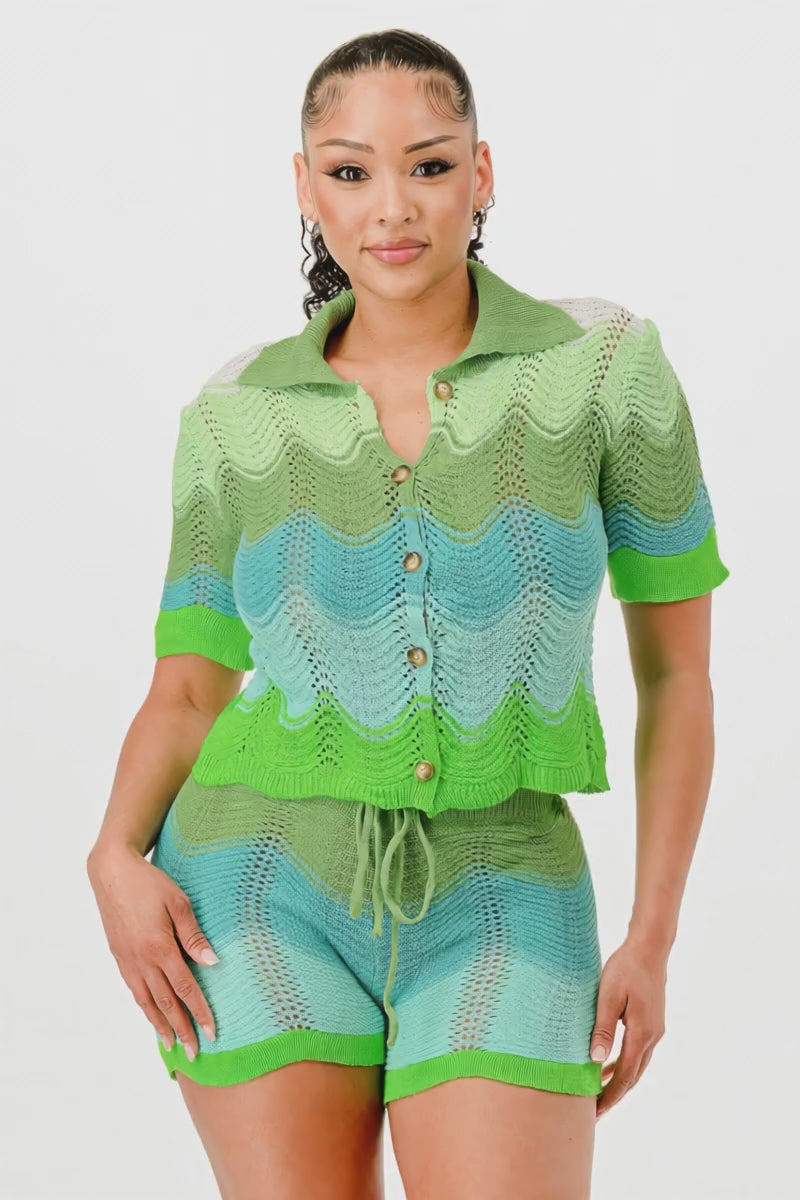 Green ombre crochet knit cardigan and shorts set Fashion501