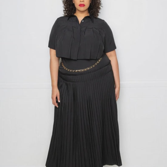 Plus Size Black Button Crop Top Pleated Maxi Skirt Chain Belt Set Fashion501 Boutique