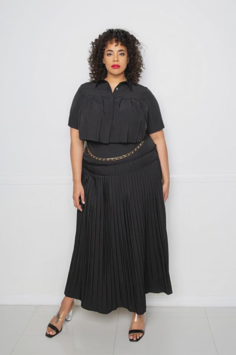 Plus Size Black Button Crop Top Pleated Maxi Skirt Chain Belt Set Fashion501 Boutique