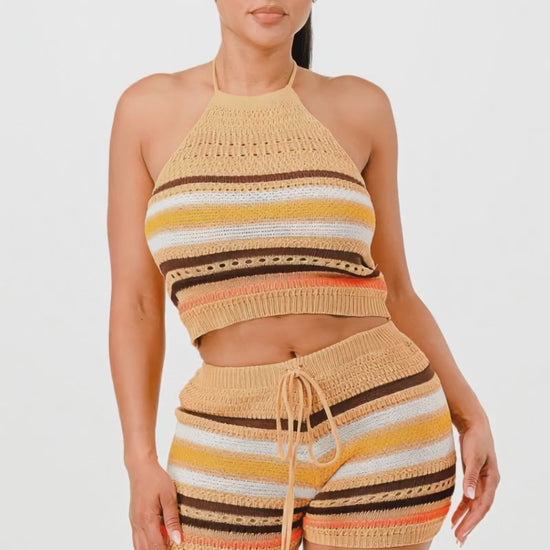Mustard Striped Crochet Halter Crop Top Shorts Set Fashion501