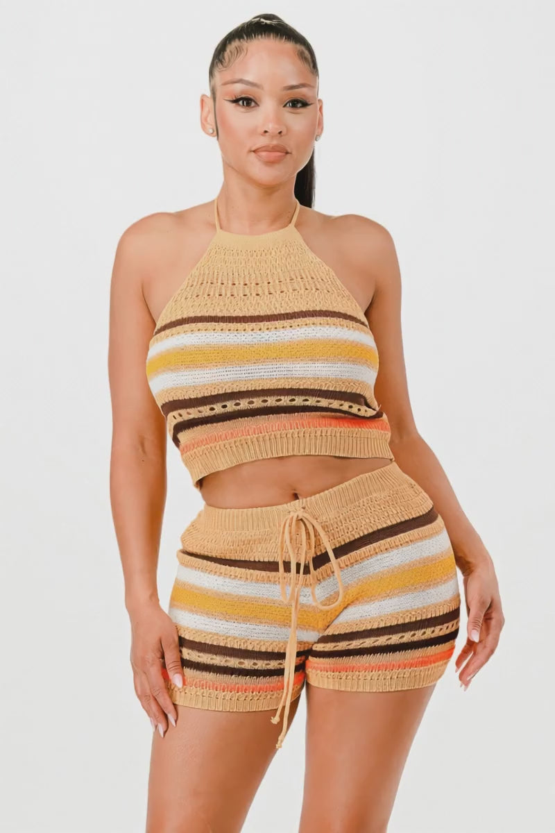 Mustard Striped Crochet Halter Crop Top Shorts Set Fashion501