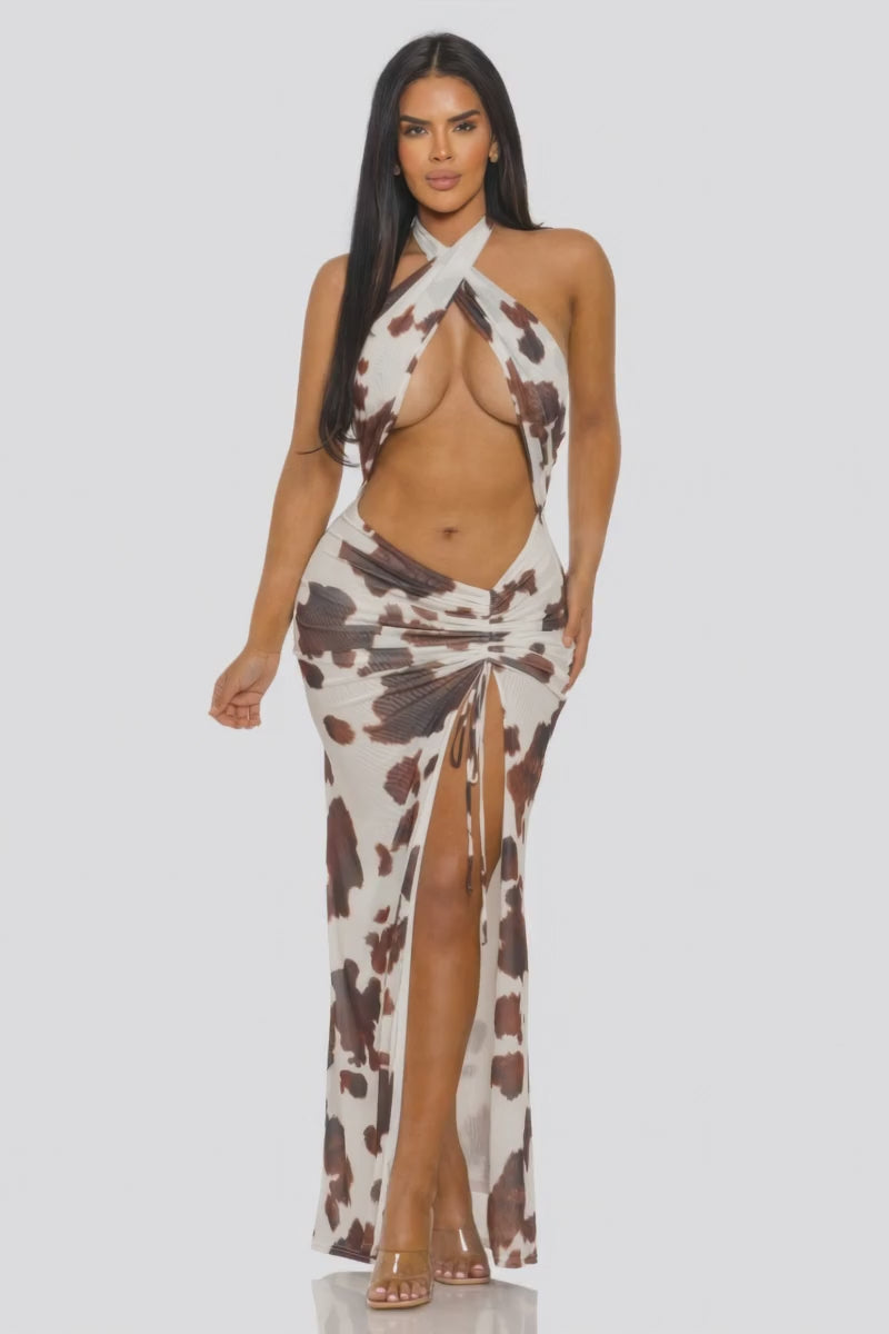 Brown White Animal Print Two Piece Halter Maxi Set Fashion501 Boutique