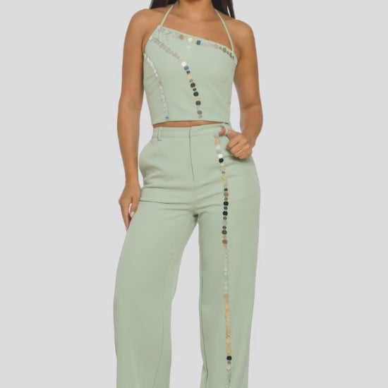 Sage Green One Shoulder Button Wide Leg Pants Set Fashion501