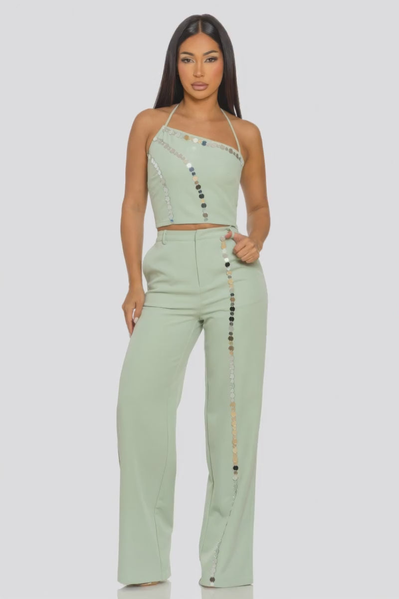 Sage Green One Shoulder Button Wide Leg Pants Set Fashion501