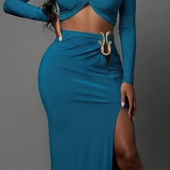 eal Blue Twist Front Crop Top Maxi Skirt Two Piece Set Fashion501 Boutique