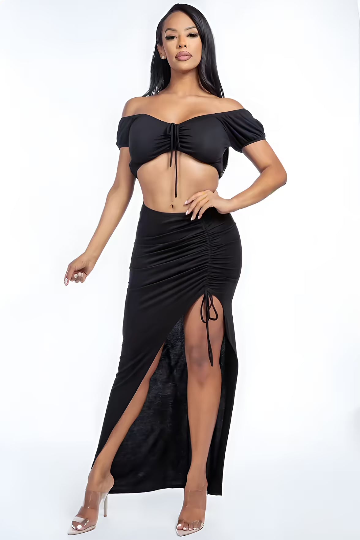 Shoulder Short Sleeve Cropped Top Skirt Two Piece Set  Fashion501 Boutique