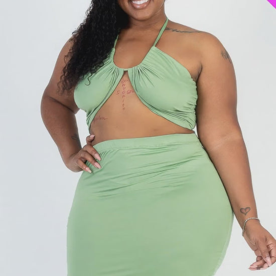 Plus Size Mint Green Crisscross Halter Cutout Ruched Mini Skirt Set Fashion501 Boutique