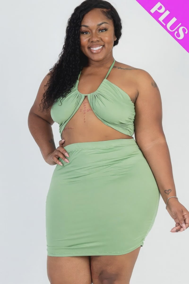 Plus Size Mint Green Crisscross Halter Cutout Ruched Mini Skirt Set Fashion501 Boutique