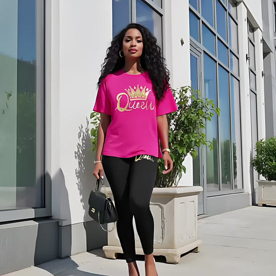 Fashionable Crown & Letter Print Short Sleeve Top And Leggings Set, Two Piece  Fashion501 Boutique
