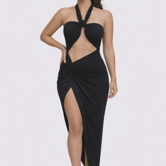 Sexy Black Halter Keyhole Cutout Ruched Side Slit Maxi Dress