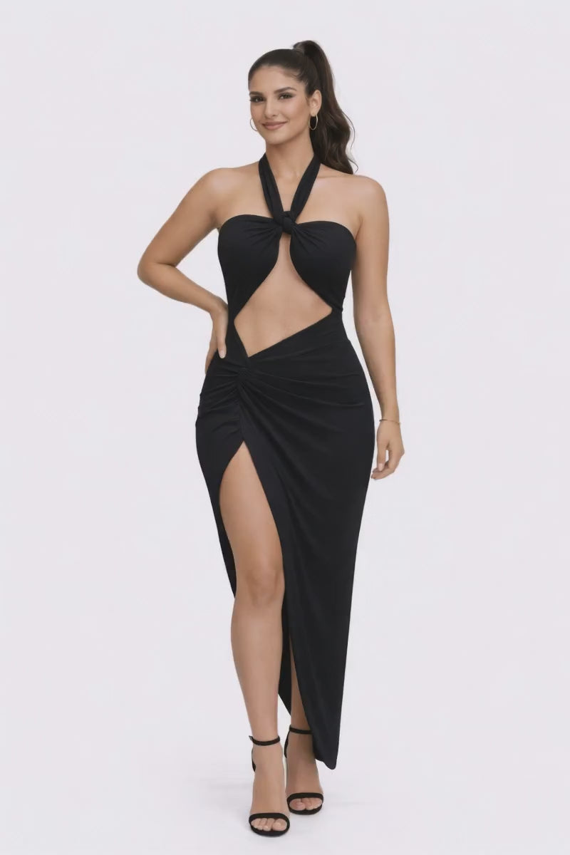 Sexy Black Halter Keyhole Cutout Ruched Side Slit Maxi Dress