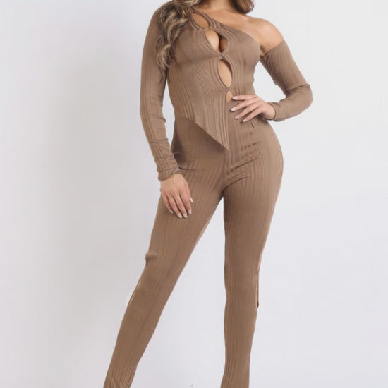 Mocha Ribbed Knit Cutout Long Sleeve Flare Pants Set