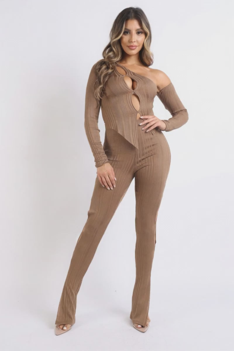 Mocha Ribbed Knit Cutout Long Sleeve Flare Pants Set
