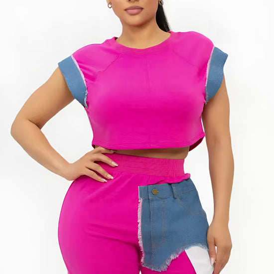 Fuchsia Denim Contrast Two Piece Biker Set  Fashion501 Boutique