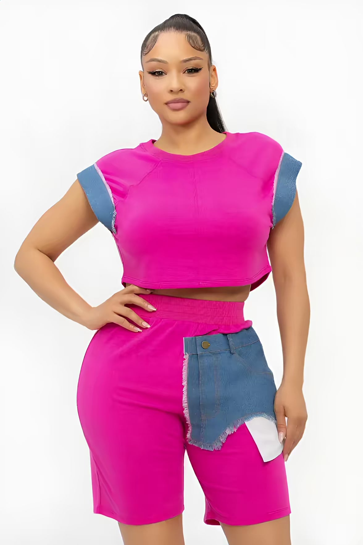 Fuchsia Denim Contrast Two Piece Biker Set  Fashion501 Boutique